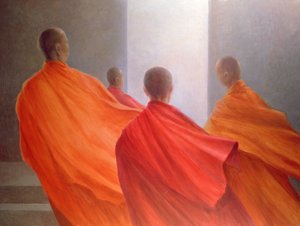 寺院の階段の4人の僧侶